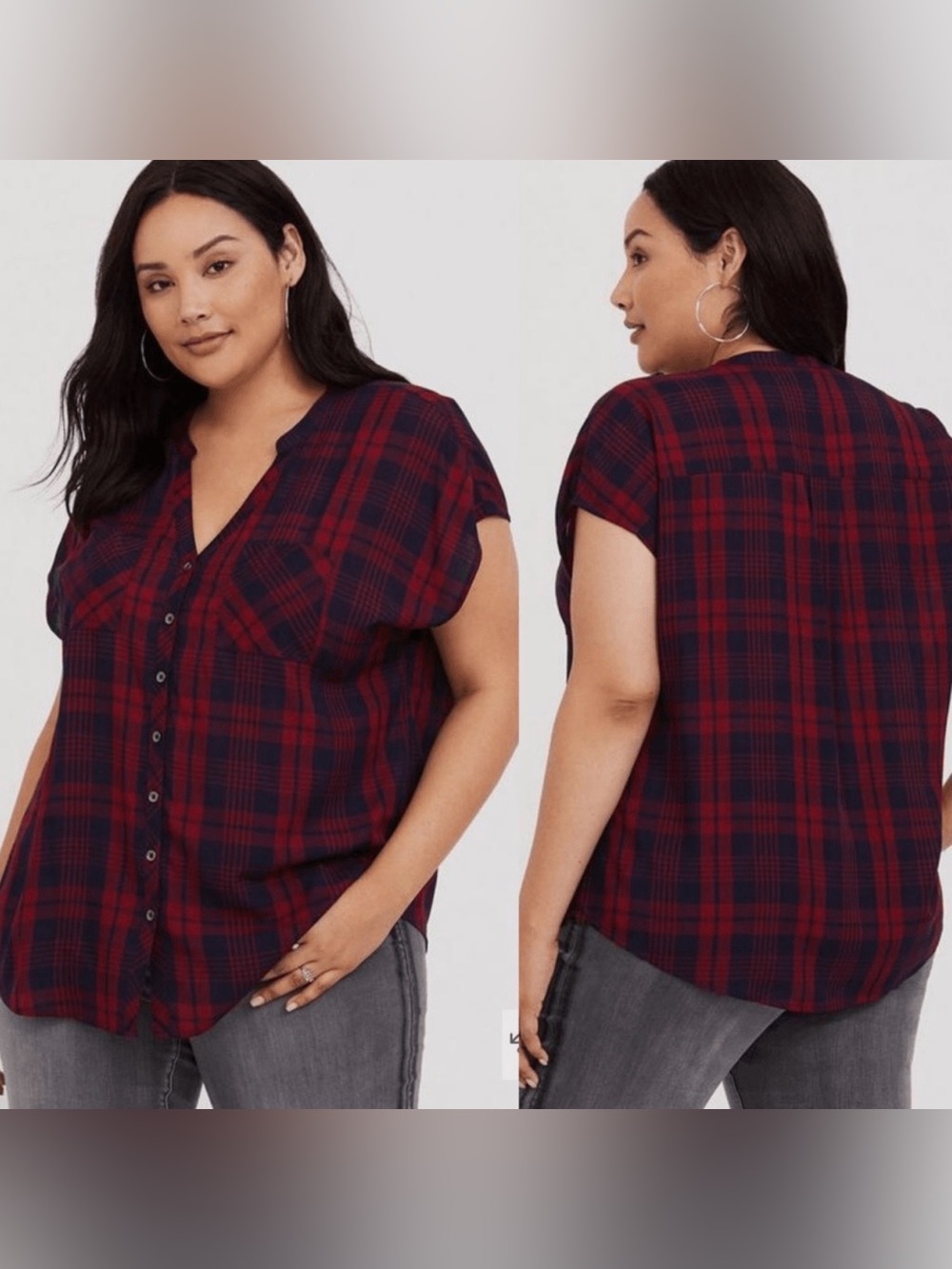 Torrid Top 2X Red Black Plaid Dolman Cap Sleeve Button Up Blouse Fall Pocket